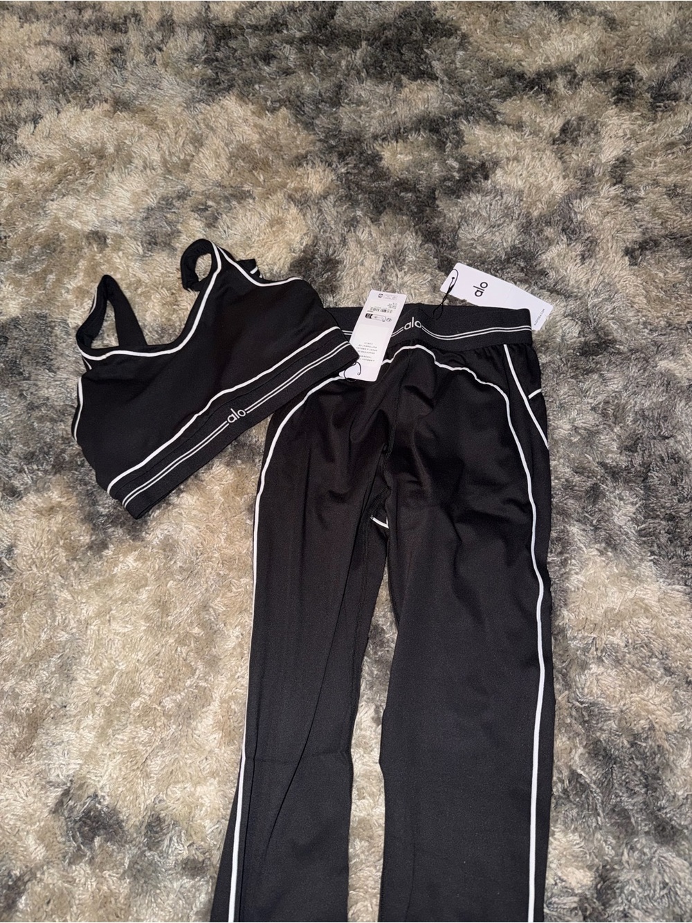 ALO Yoga Black Track Pants and Matching Piped Sports Bra Set